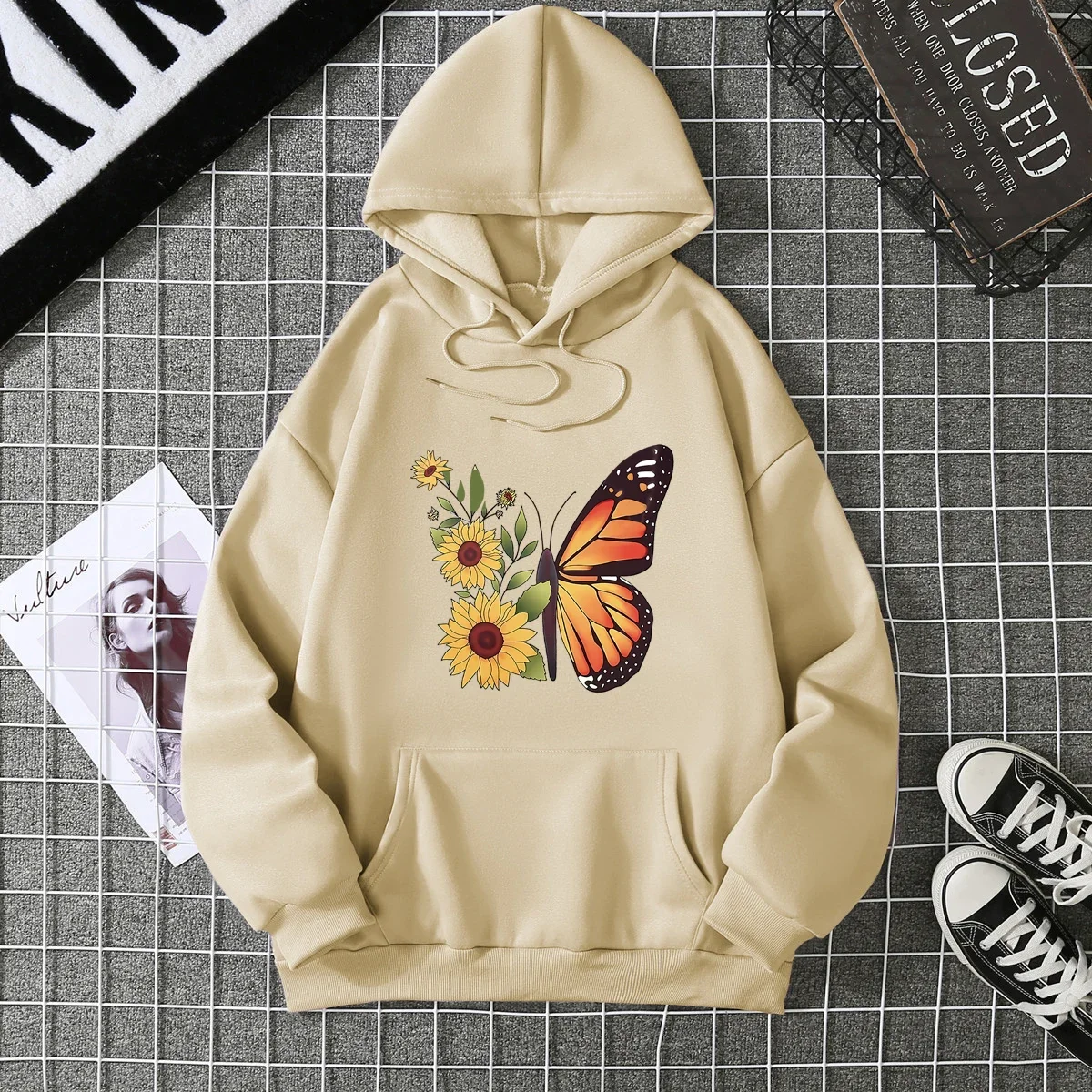 Butterfly Chrysanthemum Print Hooded Sweater Pure Cotton Loose Casual High Quality Retro Outfit Graphic Trend Hoodie Sweatshirt
