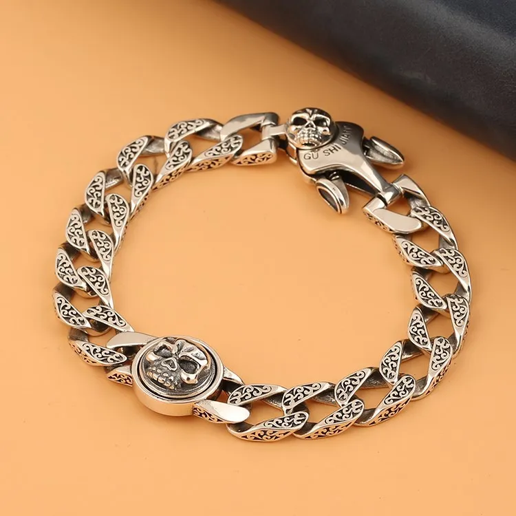 

Euramerican Punk Skull Silver Bracelet Male Personality Rotable Thai Silver Tank Chain Simple Couple Sterling Silver Bracelet