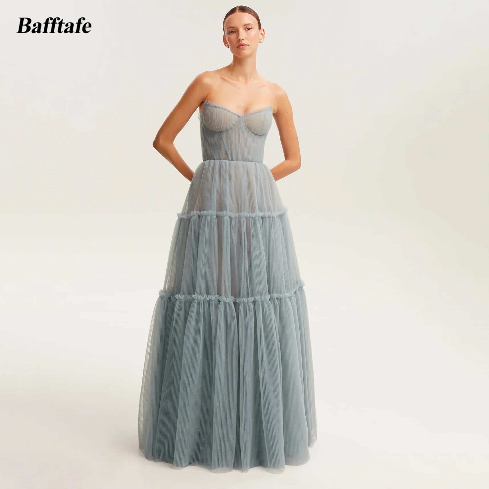 

Bafftafe A Line Crumpled Tulle Evening Party Dresses For Women Pleated Bones Formal Prom Dress 2024 Wedding Engagement Gowns