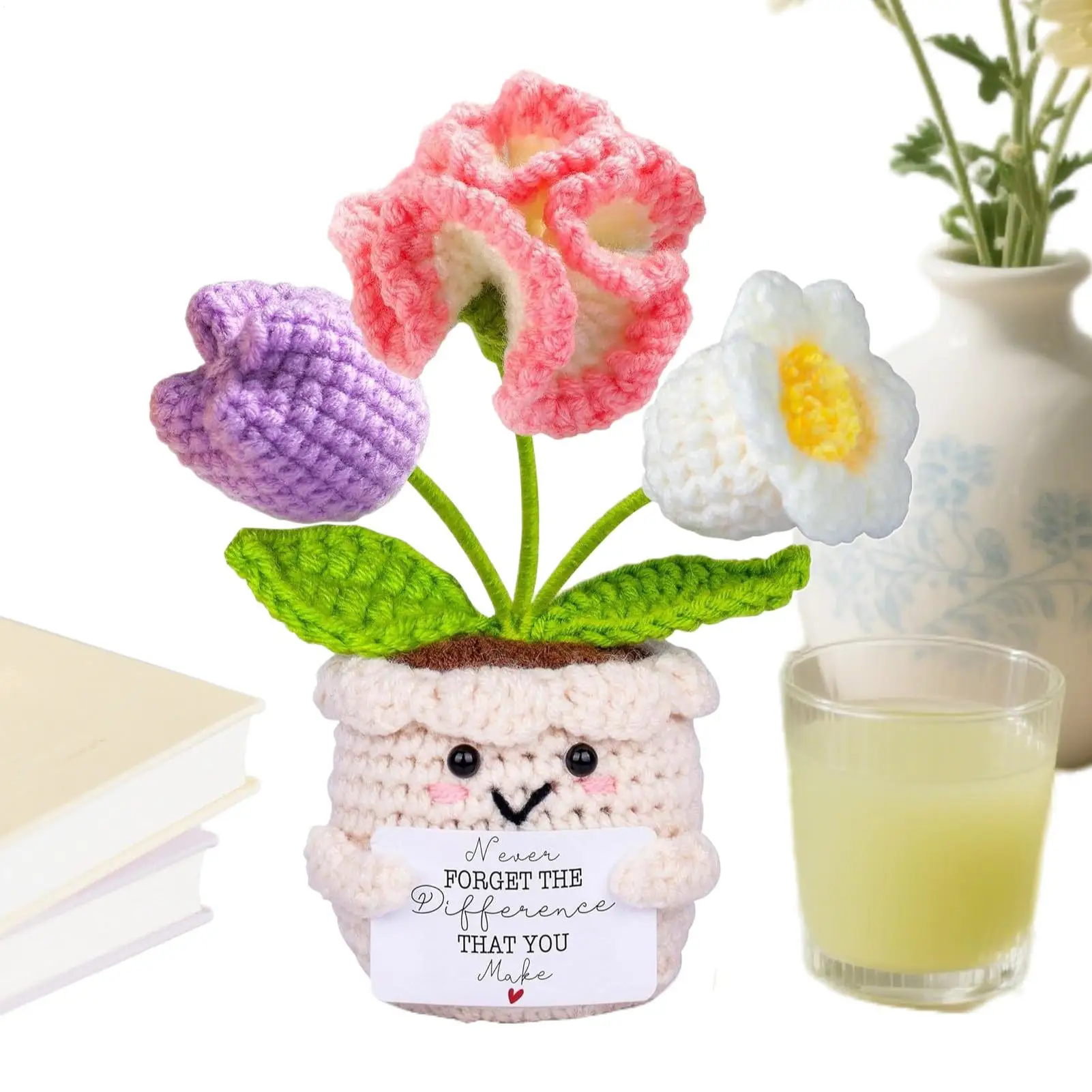 

Crochet Flowers Teacher Appreciation Emotional Desk Decor with Card Crochet Plant for Women Men Girls Boys Students Coworkers