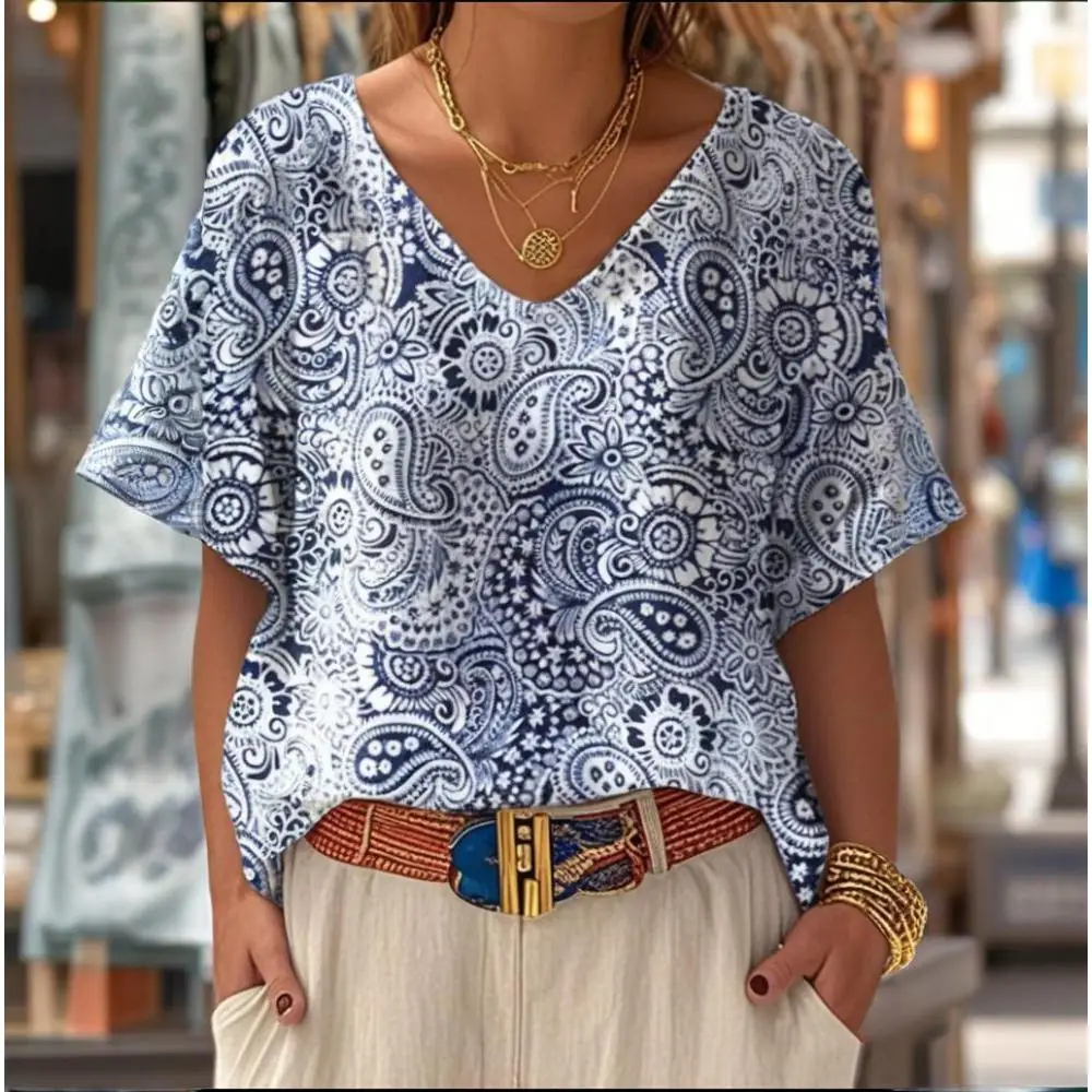 

Summer Floral 3D Print Gradient T-Shirt Women Streetwear Casual T Shirts Y2k Tops Woman Harajuku V-Neck Tees Oversized Clothing