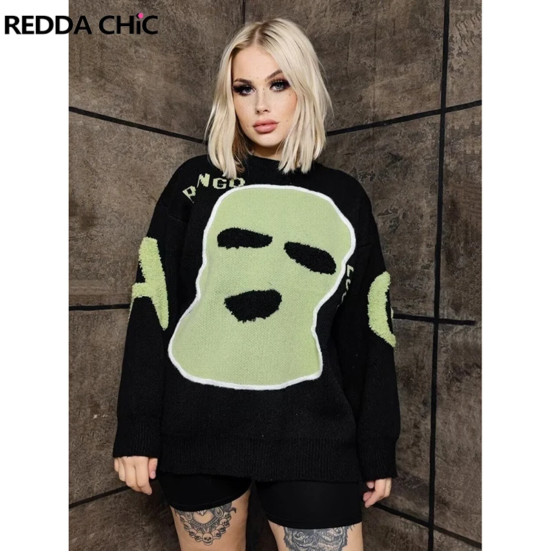 

ReddaChic Green Masked Jacquard Jumper Women Men Long Sleeves Crew Neck Oversized Casual Flocked Knit Sweater Y2k Retro Pullover