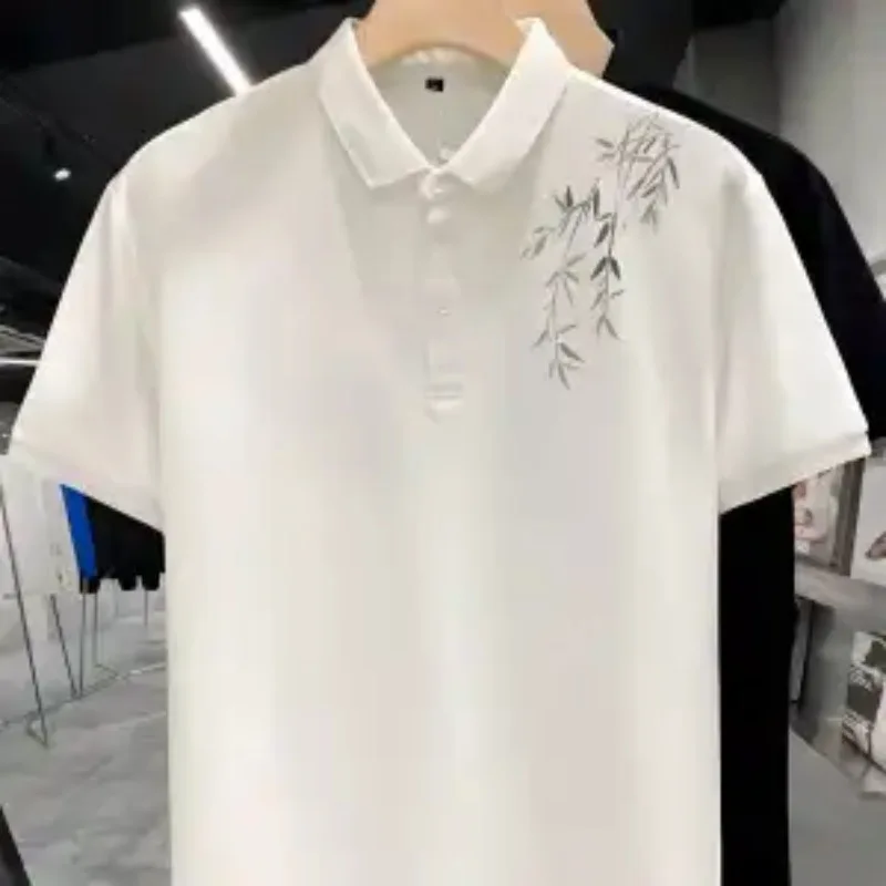 Men's Black Willow Le Print Turn Down Collar Short Sleeve Polo Shirt Top