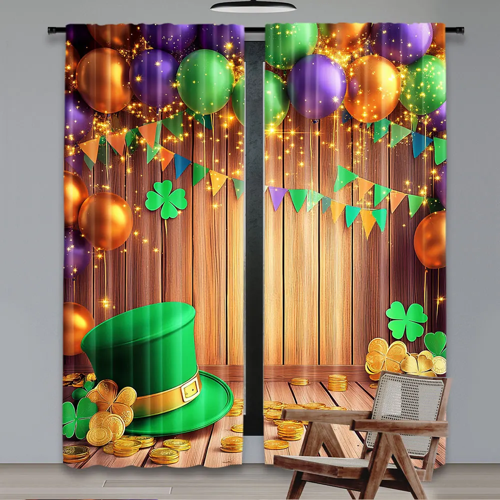 2Pcs St. Patrick'S Day Curtain Rustic Rainbow Irish Balloons Shamrock Gold Coins Window Drapes All Season Charm A