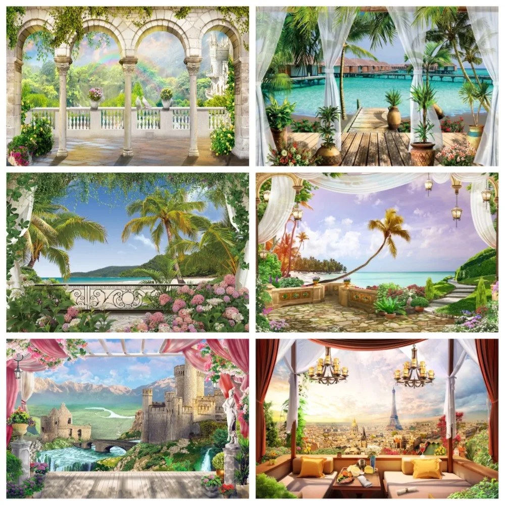 

Spring Seaside Balcony Natural Scenery Banner Background, Adult and Child Birthday Parties, Home Decoration Photography Backdrop