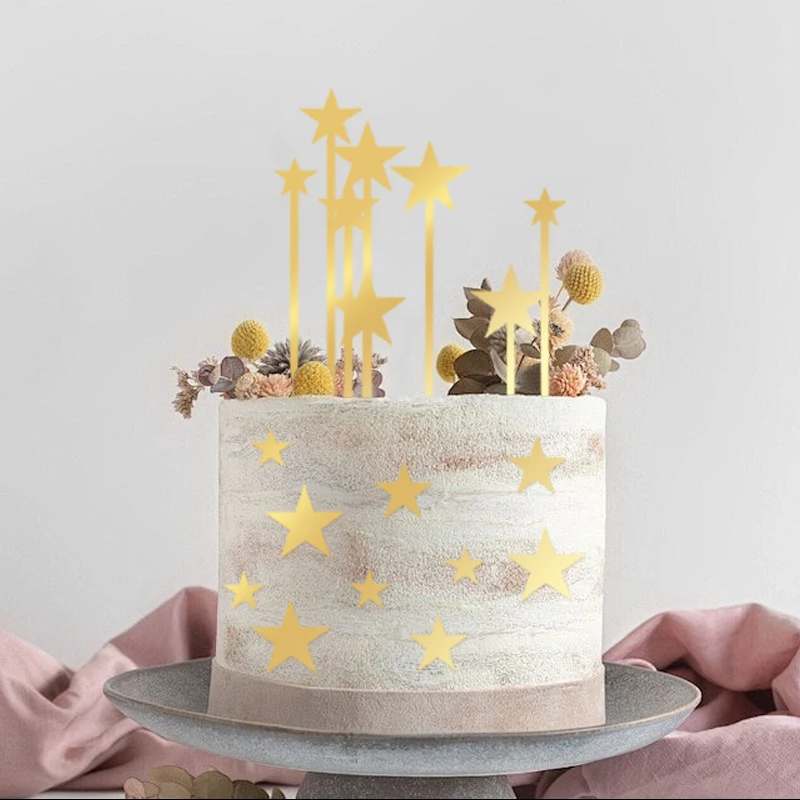 12 قطعة من أغطية الكيك الذهبية على شكل نجمة خماسية لتزيين أعياد الميلاد، مرآة ذهبية من الأكريليك لمجموعة مستلزمات تزيين الكيك