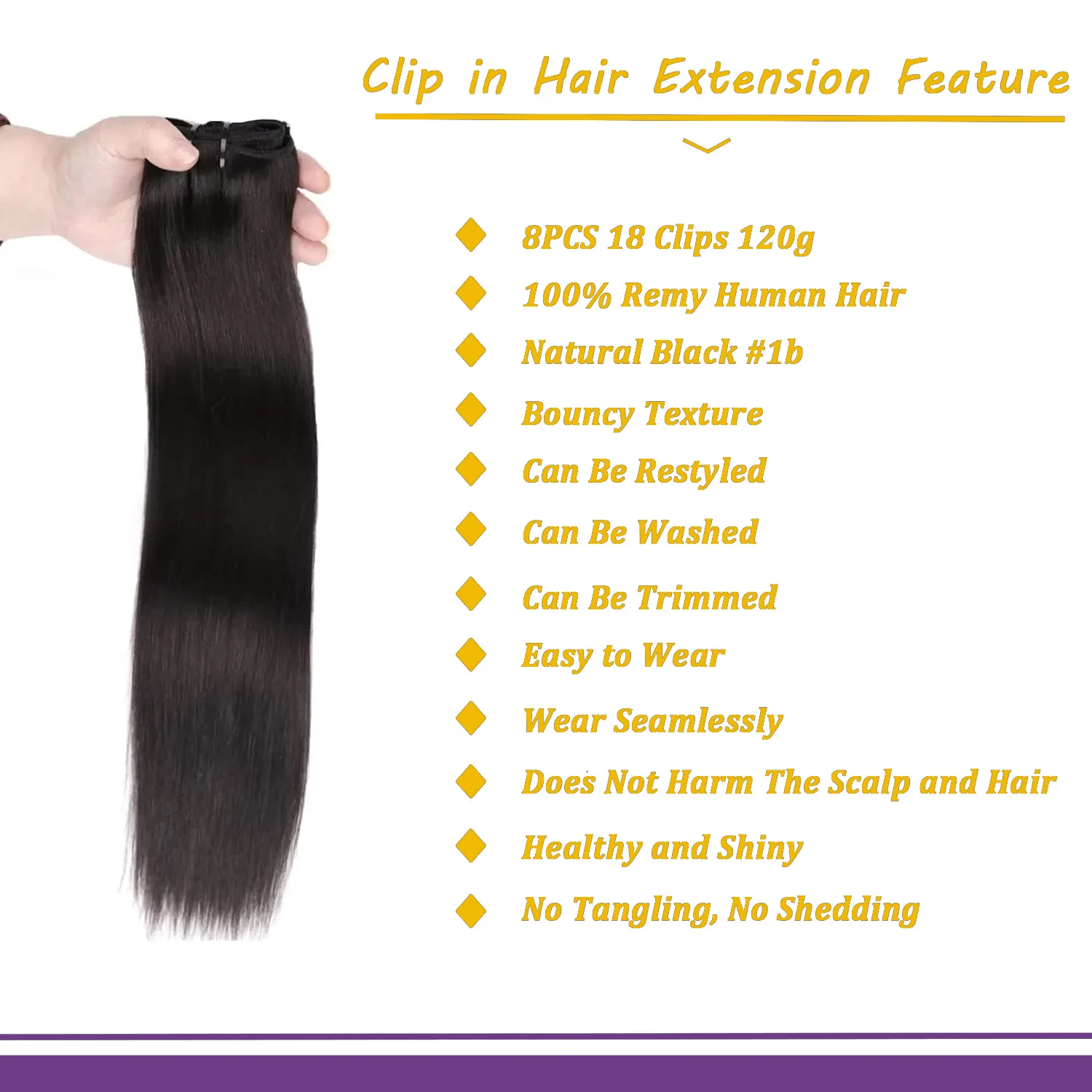 Clip recto en extensiones de cabello Cabello humano natural # 1b Color Negro Natural # 1 juego de cabeza completa con clip en cabello humano 100% real