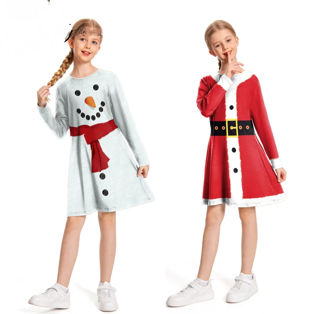 Children's Christmas Dresses Santa Claus Baby Girls Xmas Clothes Cosplay Costume Kids Christmas Snowman Long sleeve Dress