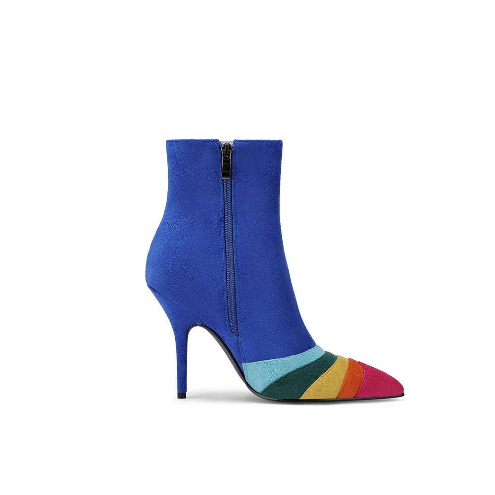 Pointed Toe Sexy Stilettos Boots Women's Fashion Vintage Rainbow Sewing Color Blocking Shoes New Style Side Zipper Runway Boots