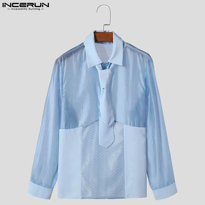 INCERUN Tops 2024 American Style New Mens Mesh Splicing Deconstructive Design Shirts Casual Solid Thin Long Sleeved Blouse S-5XL