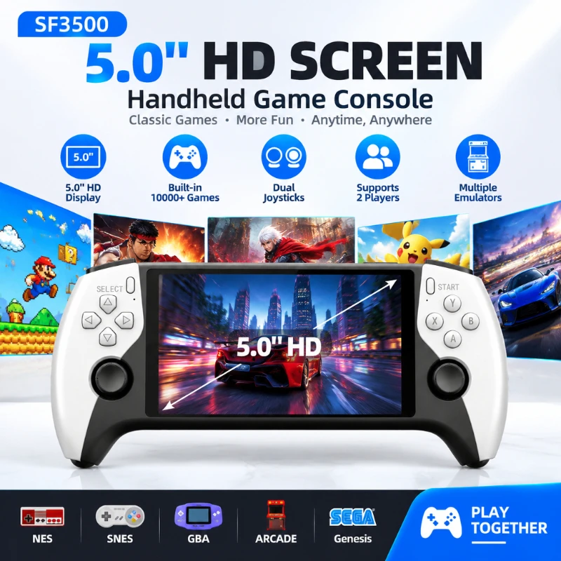 Retro Handheld Game Console 5-inch HD Screen Dual-Core 3000mAh Battery Supports Dual Rocker Video Arcade Handheld Game Console