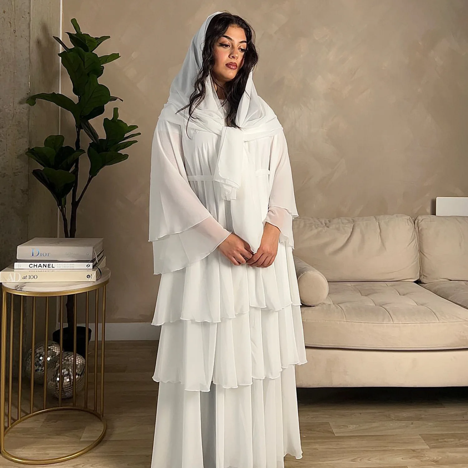 Abaya with Hijab Set 3 Layers Chiffon Flare Sleeves Muslim Women Clothing Dubai Kimono Abaya Evening Party Ramada Eid Dress 2024