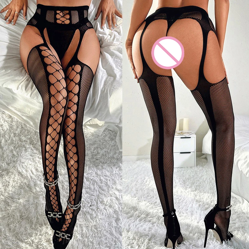 Lingerie résille Sexy pour femmes, sans entrejambe, transparente, bas en maille transparente, Lingerie Sexy