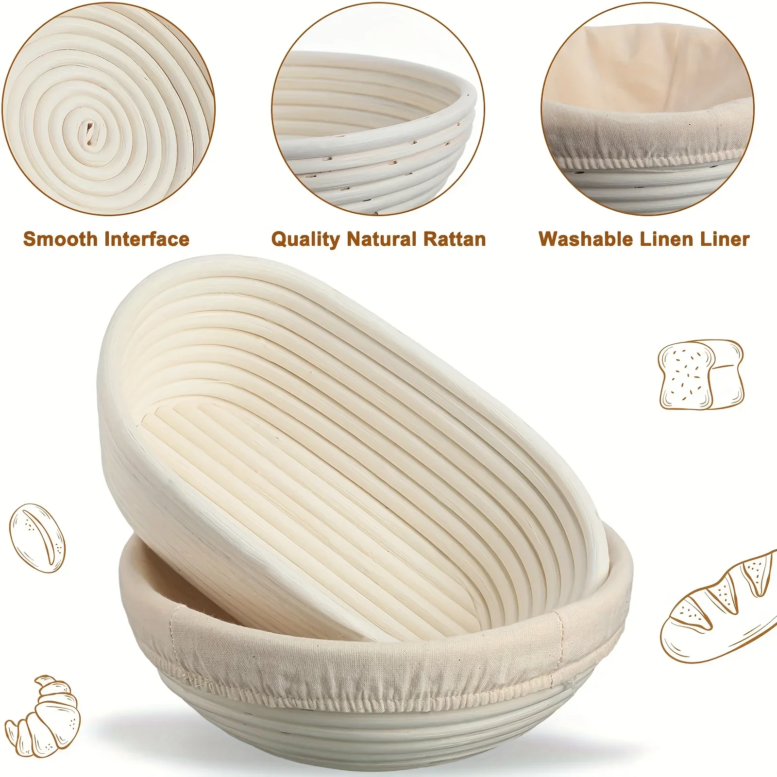 2pcs Round and Oval Bread Basket Set with Linen Cloth Cover for Dough Fermentation Proofing Baking Tools Sourdough Making Kit