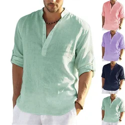 Camiseta de lino y algodón de manga larga para hombre, camisa transpirable de alta calidad, informal, de negocios, holgada, Top S-5xl