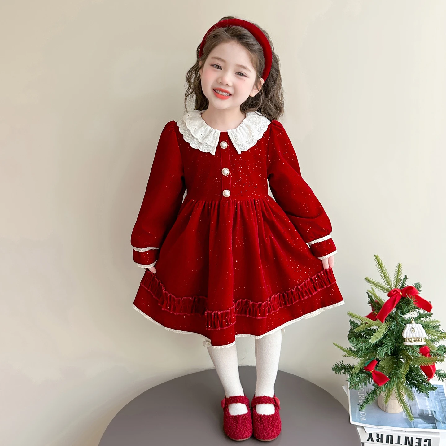 

Girls' Velvet Dress Winter 2025 New Style Red New Year's Dresses Christmas New Year Party Gown for Kids 2-11 Years Old