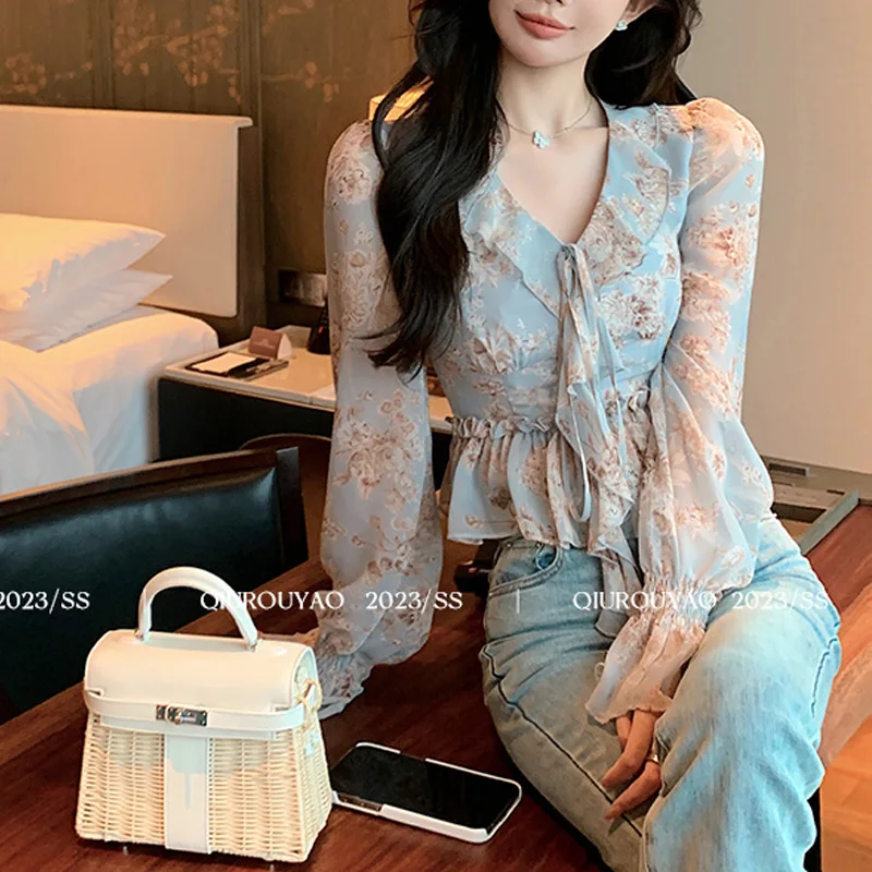 Spring Summer Printing Fashion Long Sleeve Blouse Women Edible Tree Fungus Pleated Pullovers Ruffles Patchwork All-match Tops