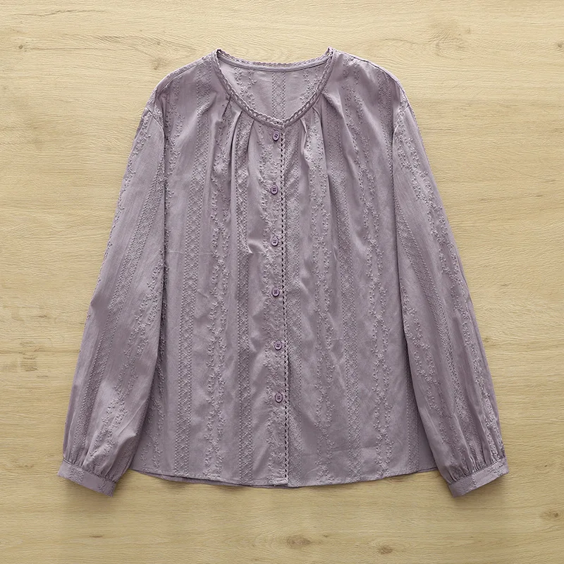 2025 Spring Japanese Mori Girl Embroidery Hollow Out Cotton Shirts Women Solid Color O-Neck Long Sleeve Casual Loose Blouse Tops