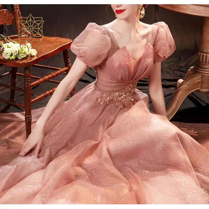 Formal Prom Gown Chic Rose Pink Luxury Evening Dress For Women Wedding Party Long Arabic Flower Embroidery Puff Sleeve Ball Gown