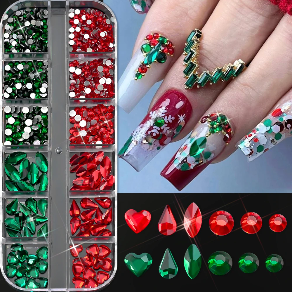 12 grades 3d natal vermelho & verde arte do prego strass misturados redondos, gota, amor vidro gem encantos do prego brilho natal decoração da arte do prego