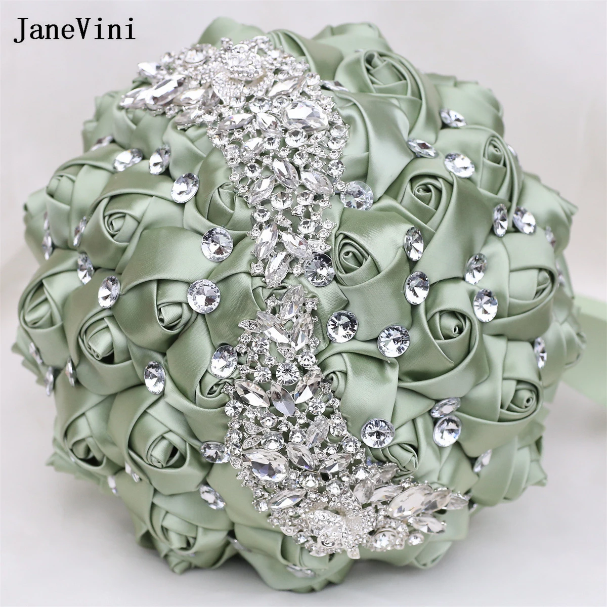 JaneVini ramos de novia de salvia personalizados, diamantes de imitación de plata de lujo, rosas artificiales de satén, ramo falso, decoración de flores de boda