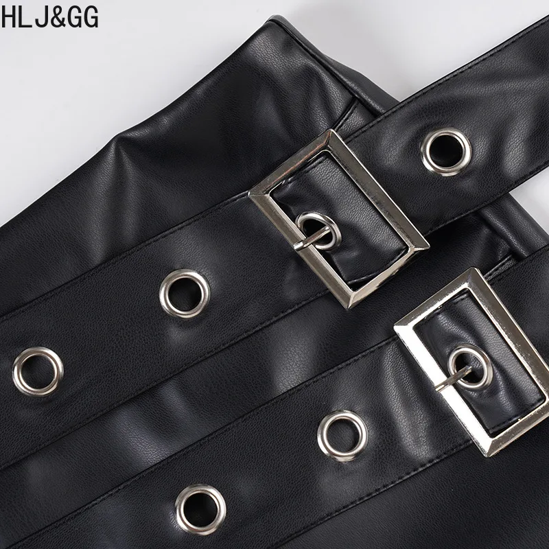 HLJ&GG Fashion Rock Punk Leather Belt Shorts Two Piece Sets Women O Neck Sleeveless Slim Tank Top And Shorts Outfits Streetwear