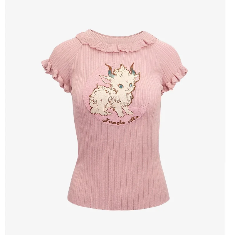 Pink Women\'s Sweater Pullover 2024 Summer Cartoon Embroidered Short Sleeve Slim Knit Tops Tees Knitwear Stylish Fashion Jumpers