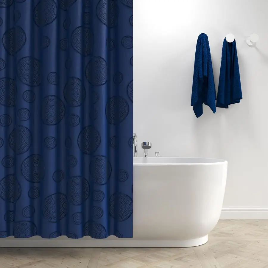 

Fabric Shower Curtain for Bathroom Washable, 72x72, Boho Style, Textured Jacquard, Hotel Quality, 12 Metal Hooks, Navy Blue