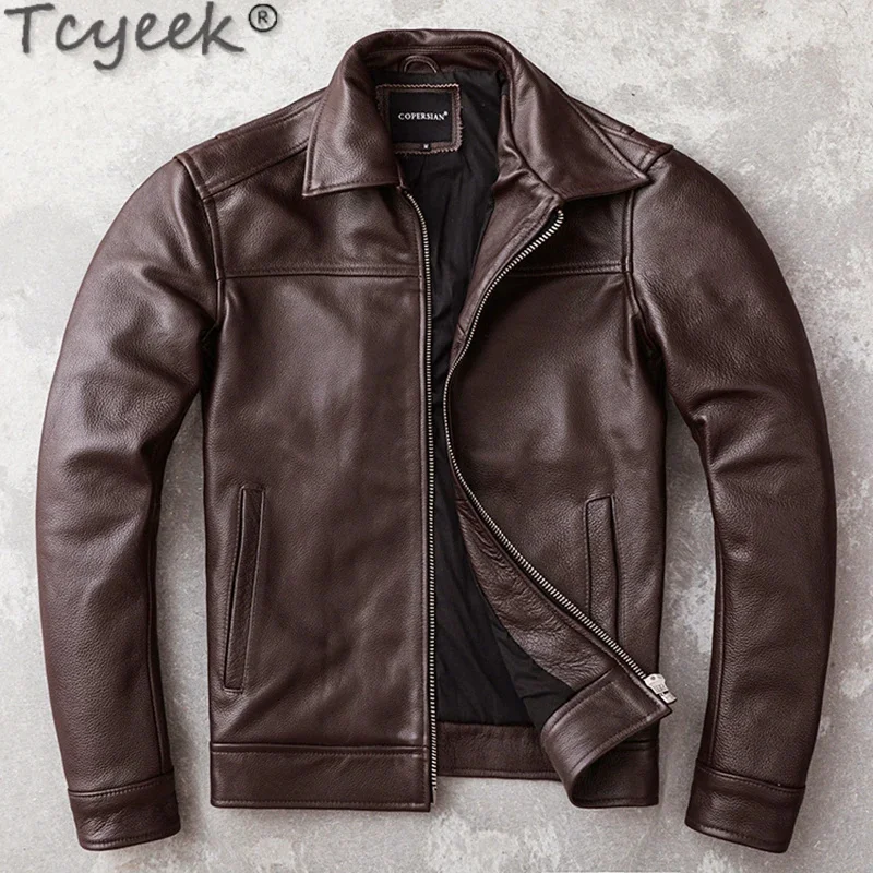 

Leather Real Jacket Men Cowhide Coats Male’s Short Slim Casual Dark Brown Business Cloth Lapel Large Size Chaquetas Hombre FCY