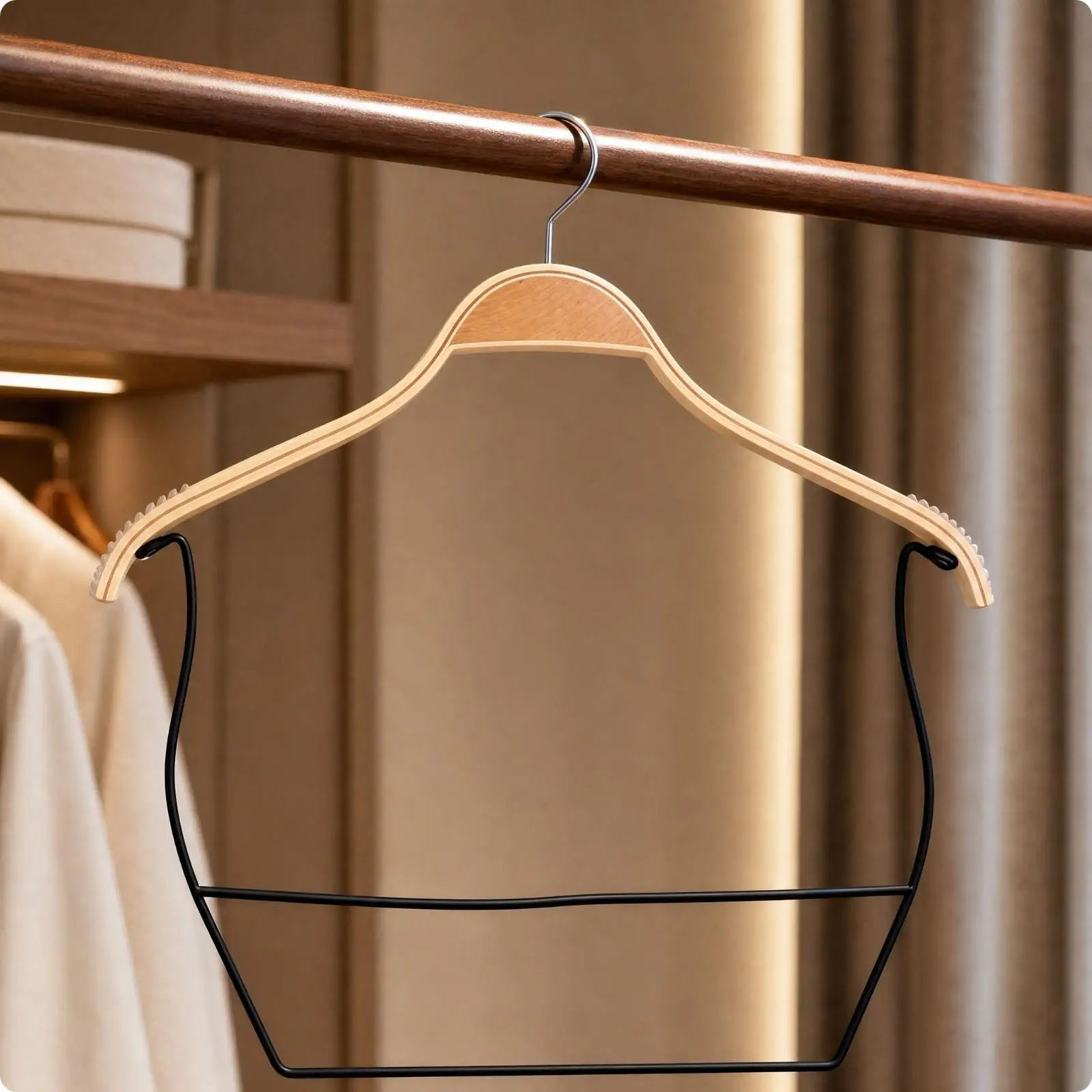 Wooden Hanger for Clothes with Trouser Bar Notched Shoulder Ends for Secure Hold Coats Shirts and Dresses Storage