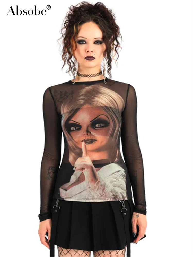 

Absobe Y2K Ghost Baby Printed Long Sleeve T-shirt Women's Clothing Crew Mesh Slim Top Punk Style 2024 Autumn New Street Tees