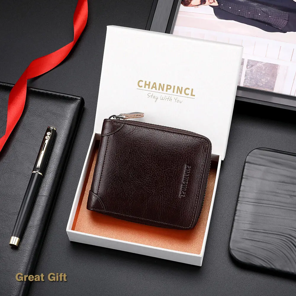 【Genuine Cow Leather】CHANPINCL Men's Wallet Vintage Luxury First Layer Cowhide Short Zipper Retro Male Card Holder