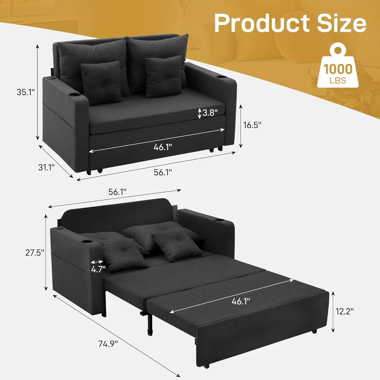 Sofá-Cama Conversível, Sofá Retrátil de 56 Polegadas, Sofá-Cama Loveseat com 4 Almofadas, Compartimento e USB, Personalizado