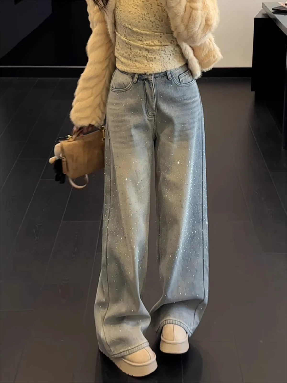 

Blue High Waist Fce Lined Wide Leg Denim Jeans Women's Spring New Sle Slimming Straight Floor Length Pants Rhinestone