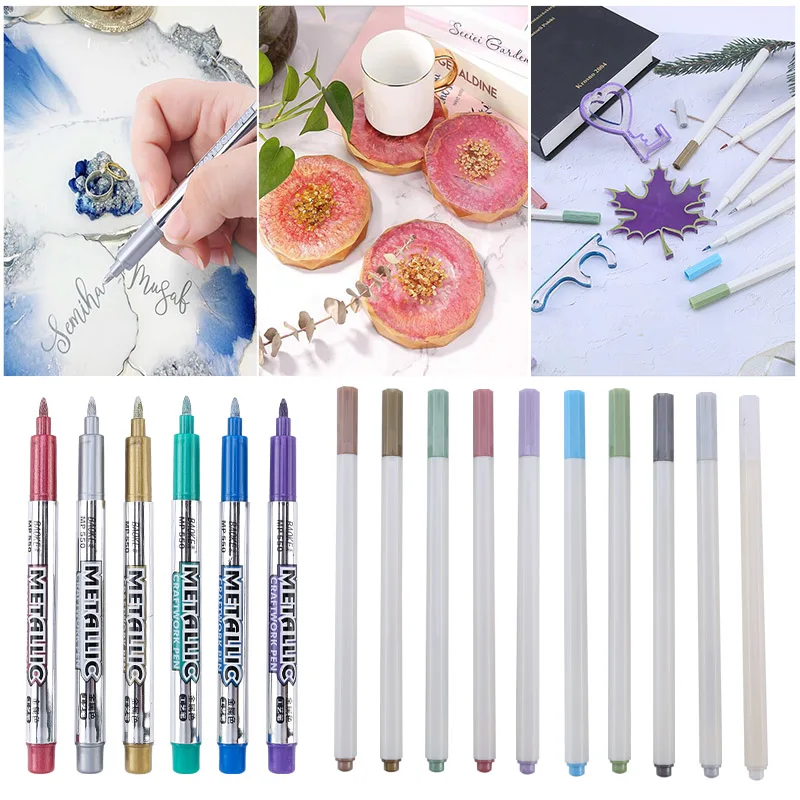 Epoxy Resin Drawing Metallic Pen Acrylic Paint DIY 2pcs Golden Silver Hook Line Pen Marker Highlight Metal Permanent Marker