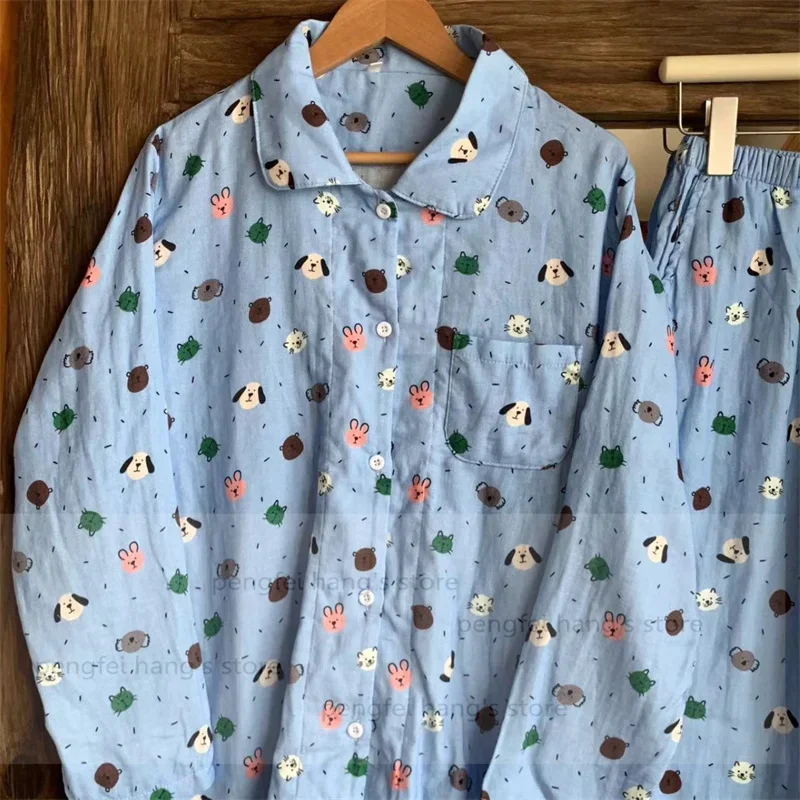 100% Cotton Pijama Mujer Casual Pyjamas Femme Kawaii Cartoon Puppy Cat Print Sleepwear Home Clothes 2025 Autumn Soft Nightwear