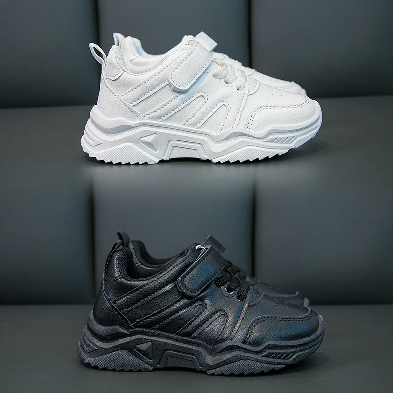 Kids'Casual Shoes Fashion Solid Color PU Leather Autumn Running Shoes For Children Anti-slip Thick Bottom Black White Size 26-37
