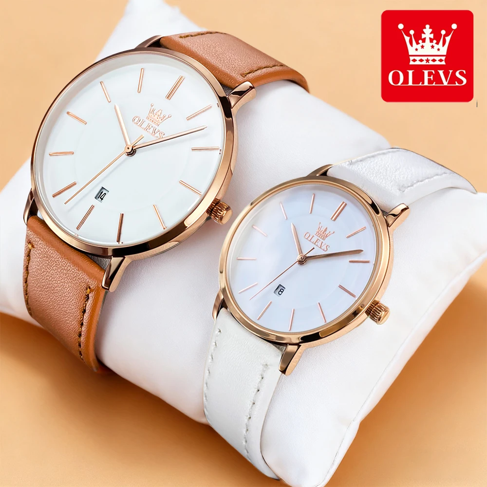 OLEVS Couple Watches Trend Simple Top Brand Original Quartz Wristwatch Waterproof Leather Strap Waterproof Date Ultra-thin Dress