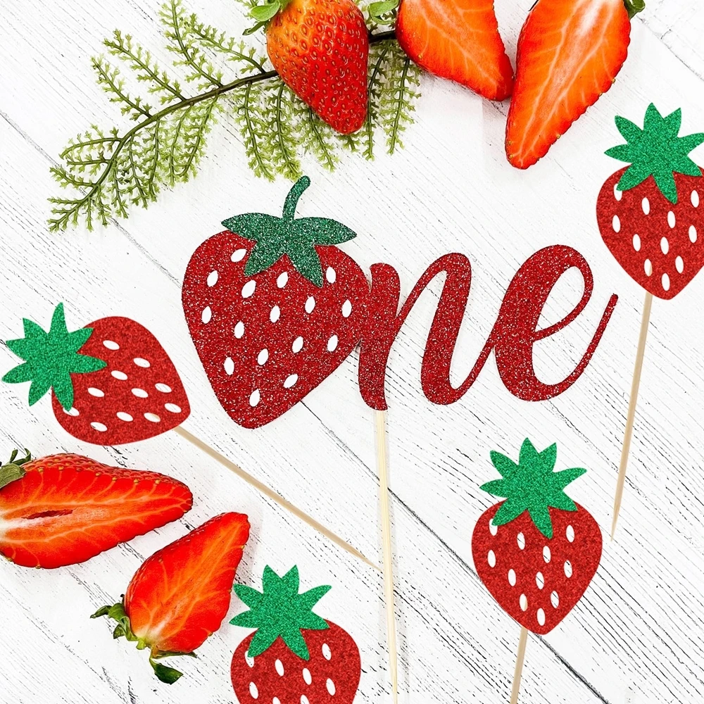 1set Bling Strawberry Cupcake Toppers Sweet One Topper for Summer Strawberry Fruits Themed Happy Birthday Party Cake Decoration