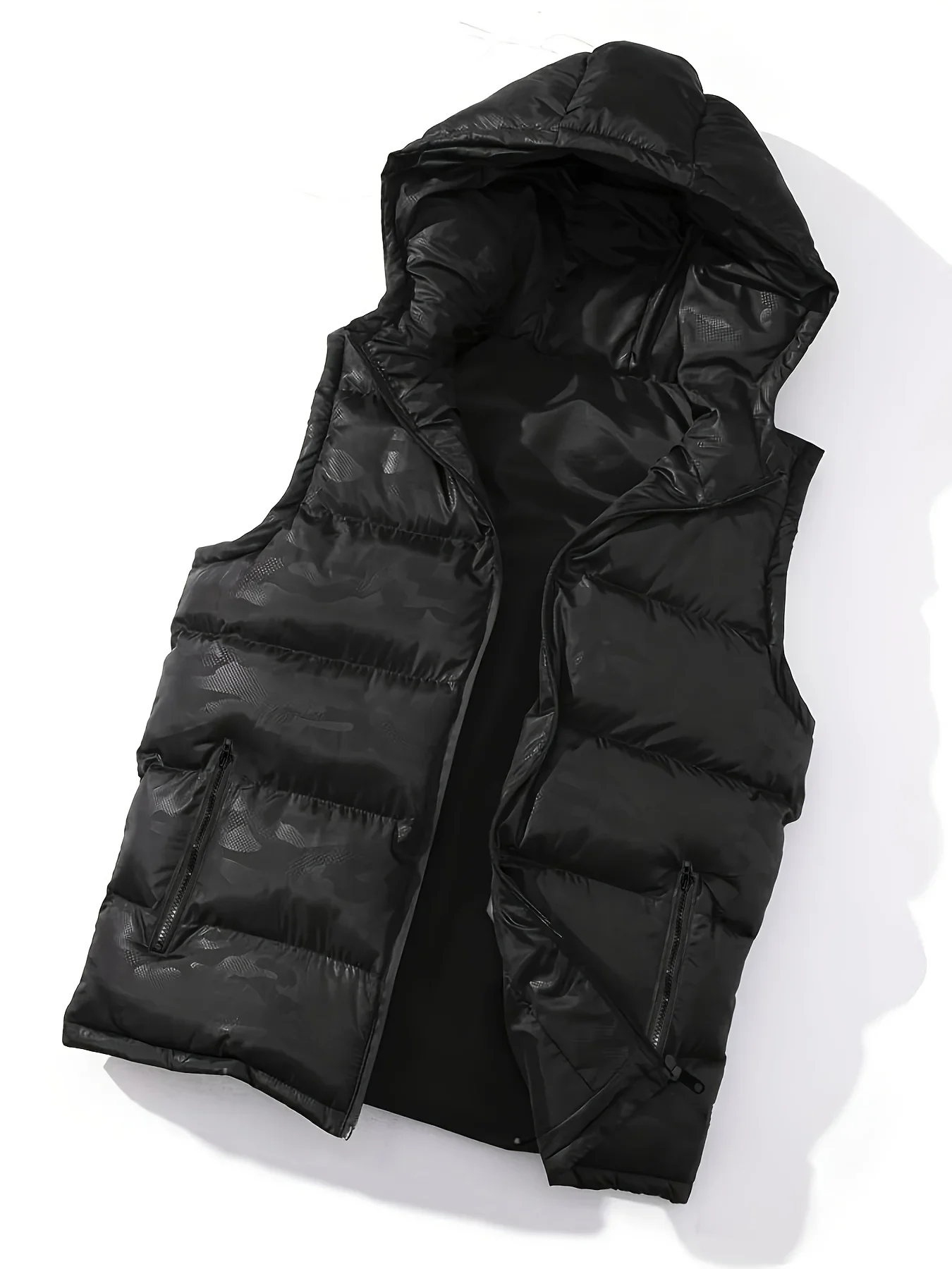 Plus Size Men\'s Fashion Hooded Vest Puffer, Solid Thick Sleeveless Puffer Jacket, Men\'s Clothing