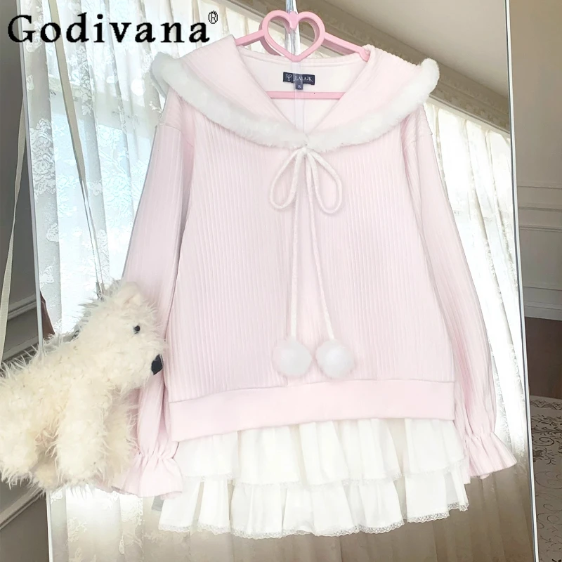 

Women Original Sweet Hoodies Outfits Loose Lace Sweatshirt White Skirt Suits Female Autumn and Winter Japanese Lolita Set