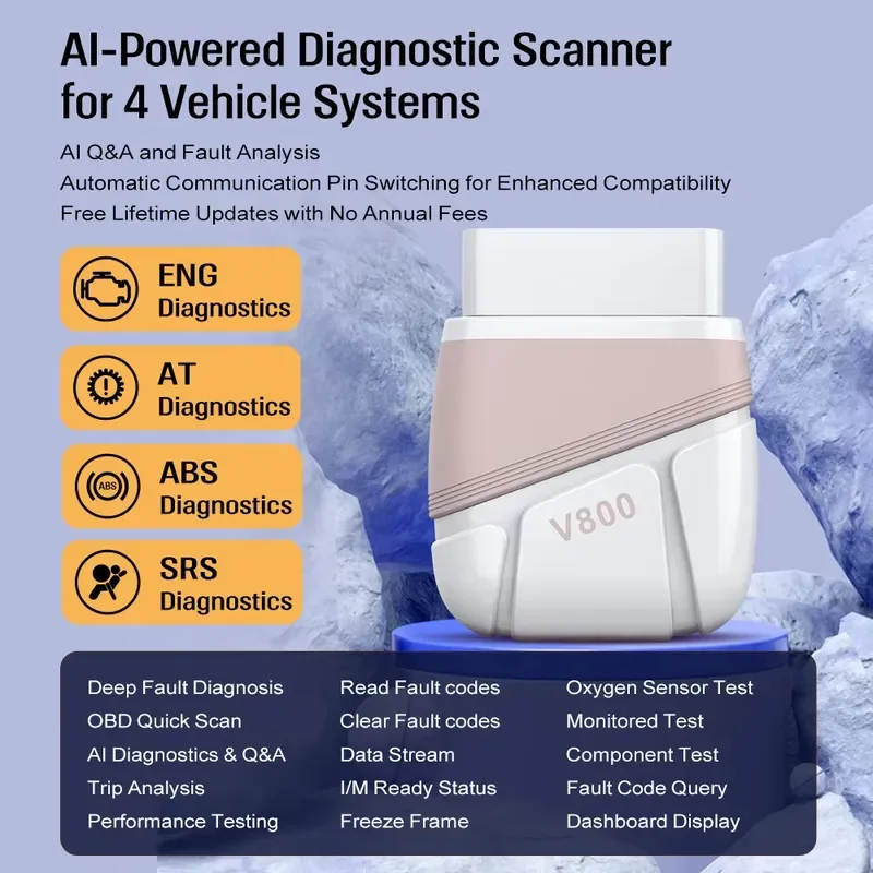 BOLRZO V800 AI OBD2 scanner, a four-system automotive diagnostic tool for engine, AT, ABS, and SRS, free lifetime updates