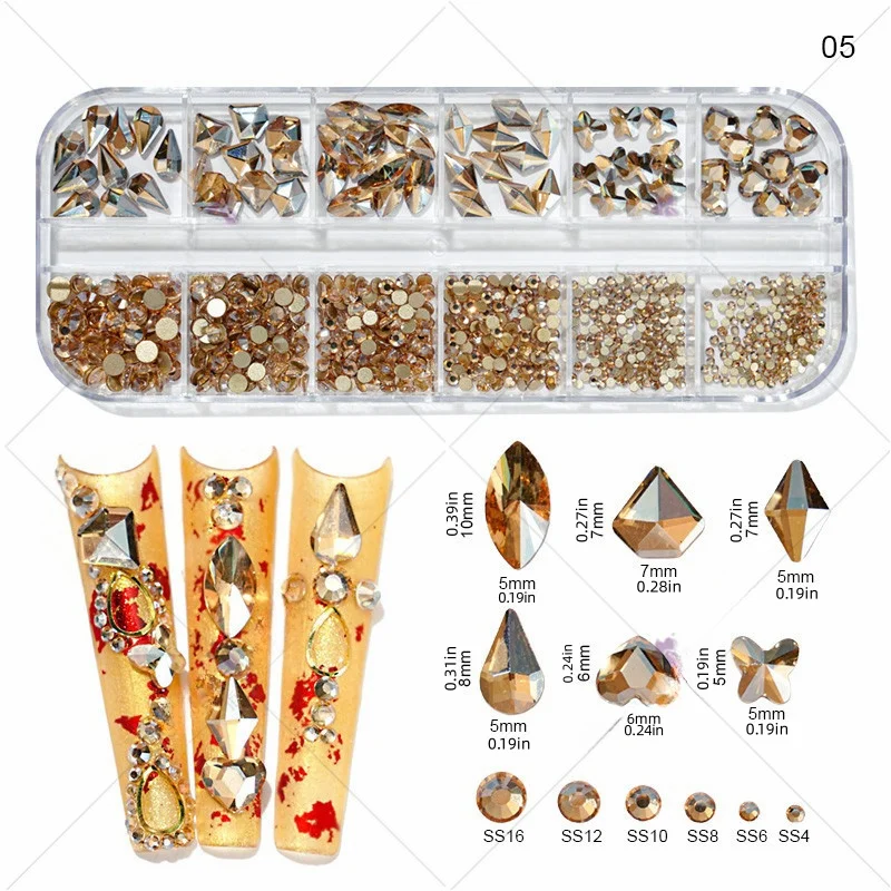 Nail Art Rhinestones Kit 12Grids  Nail Gems Ab Flatback Rhinestones Gems Stones with Storage Organizer for Design Bright Holiday