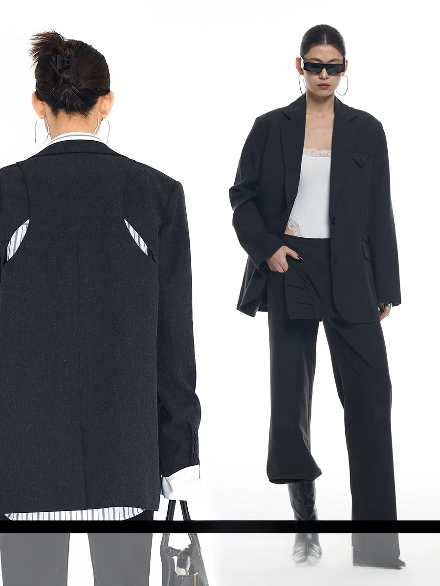 Charcoal Grey Workwear Cross Back Slit Suit Ourhour Deconstructed Pioneer Style Commuter Versatile Spring Summer Women's Suit
