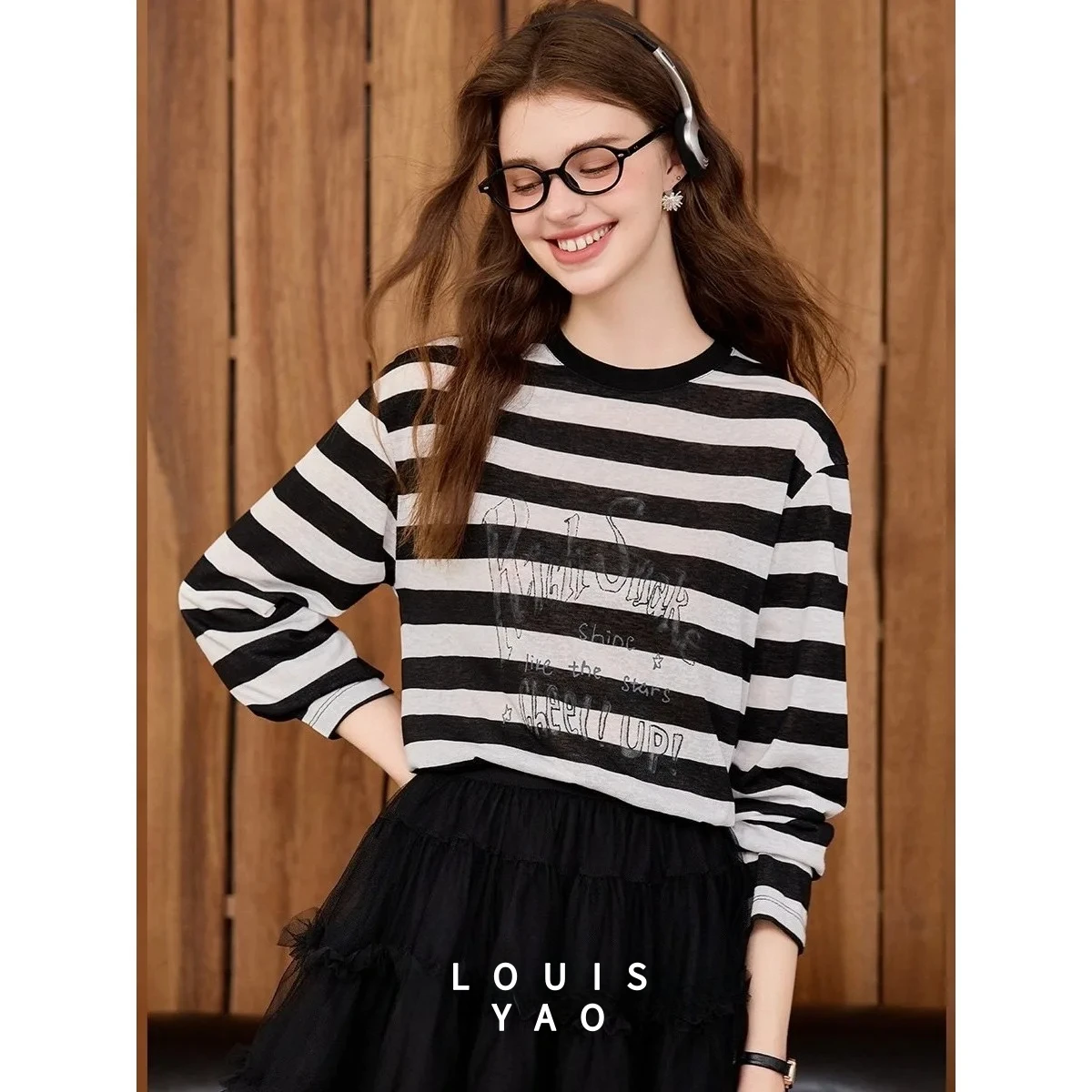 

LOUISYAO Stripe Printed Long Sleeve Tees 2025 Autumn Casual Top Fashion Micro Elastic Round Neck Lyocell Women's T-shirt