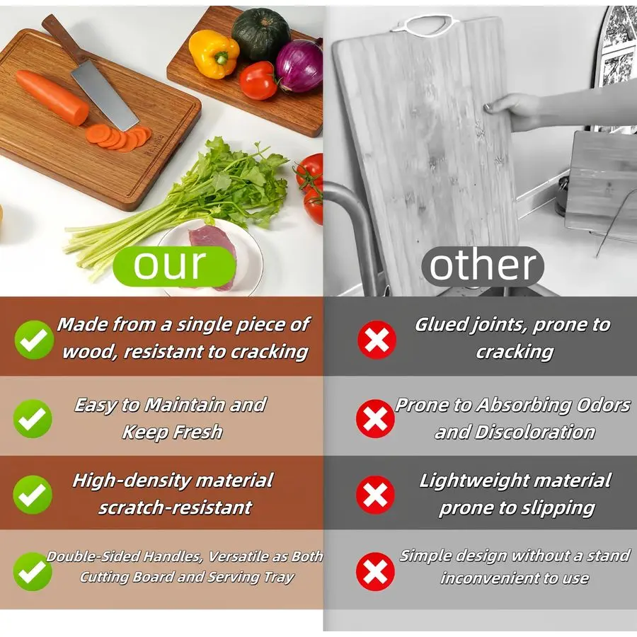 チーク材のまな板 一枚板 無接着 厚手 ひび割れにくい 木製まな板 深い汁溝付き 持ち手付き