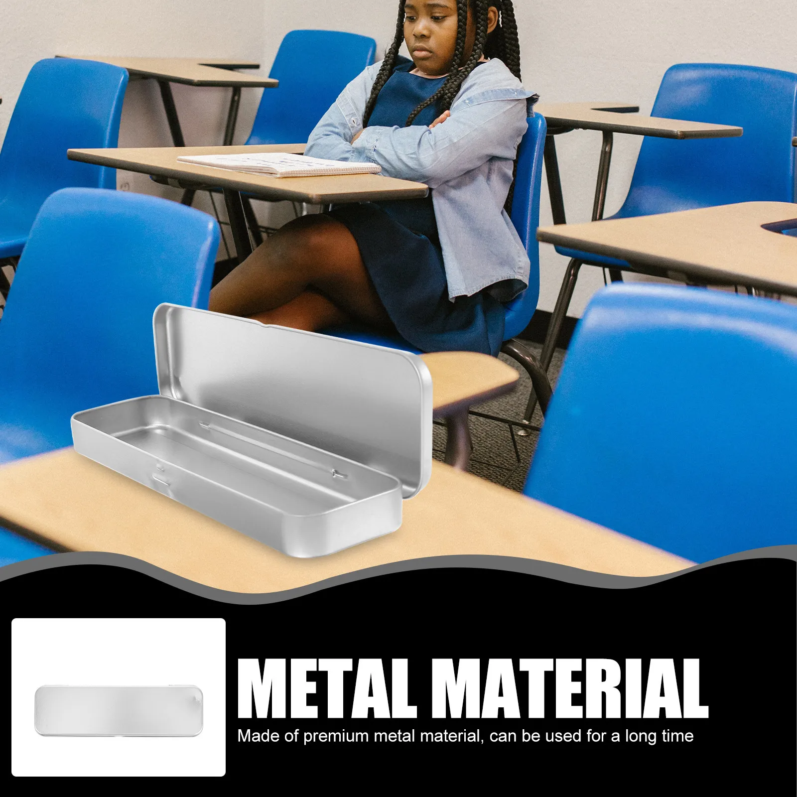 1Pcs Frosted Silver Metal Pencil Case Rectangular Tin Box Large Capacity Pencil Container for Students Stationery Organization
