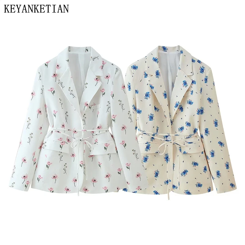 KEYANKETIAN 2025 Spring/Autumn New Women's Flower Print Lace Up Suit Coat Fashion Chic One-Button Loose Floral Outerwear Blazers