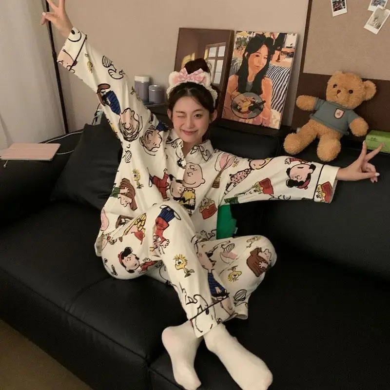 Anime Snoopy Pajamas Student Dormitory Home Clothes Set Cartoon Snoopy Long Sleeves Pajamas Loose Comfortable Leisure Clothes