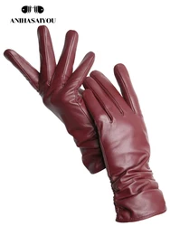 Guantes de piel de oveja para mujer, manoplas cortas de terciopelo, finas, para pantalla táctil, de alta calidad, para invierno, 2081